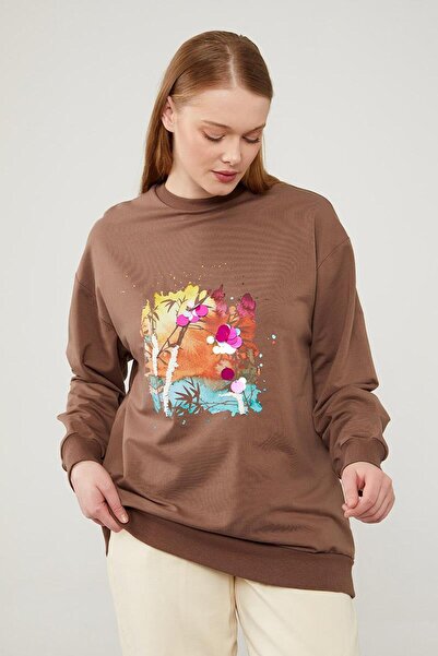 Levidor Kahve Pul İşlemeli Baskılı Sweatshirt