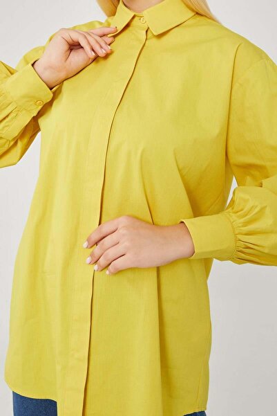 Levidor Cămașă din poplin cu mâneci cu supradimensionat baloane, verde ulei