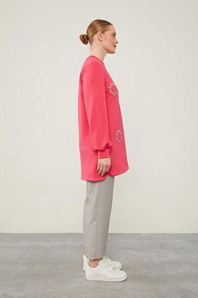 Levidor Fuşya Çiçek Nakışlı Bisiklet Yaka Ribanalı Sweatshirt