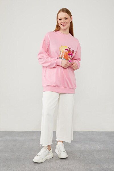 Levidor Şeker Pembe Pul İşlemeli Baskılı Sweatshirt