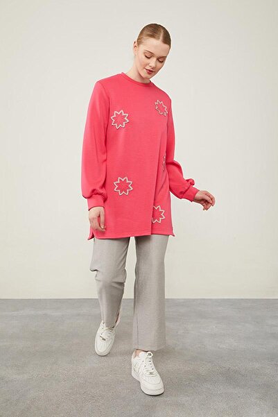 Levidor Fuşya Çiçek Nakışlı Bisiklet Yaka Ribanalı Sweatshirt