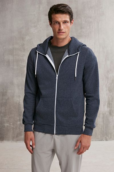 GRIMELANGE Core Men's Zippered High Collar Hooded Navy Blue Sweatshirt with Drawstring and Fleece Inside