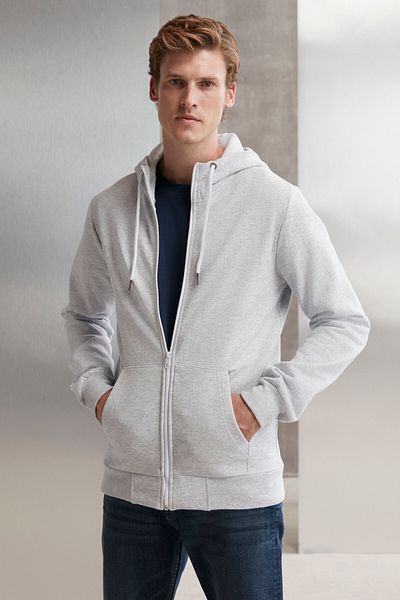 GRIMELANGE Core Men's Zippered High Collar Hooded Light Gray Sweatshirt with Drawstring and Fleece Inside