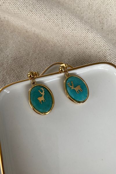 fuya design Deer Steel Earrings on Turquoise Stone
