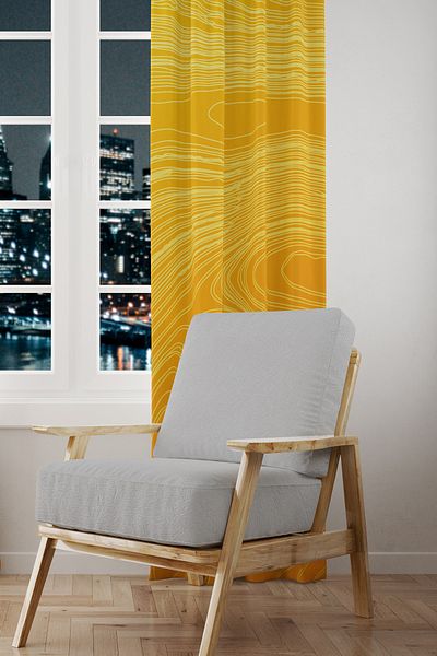 Moud's Suede Patterned Yellow Wave Style - Living Room Background Curtain Printed Extraphore Drawstring, Single Wing