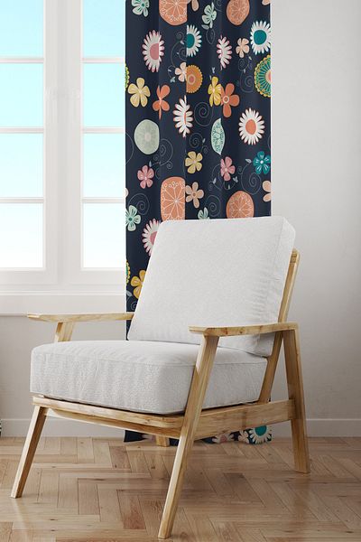 Moud's Navy Blue Flower Patterned Suede Living Room Hall Background Curtain Printed Extrafor Drawstring SINGLE WING PRD-1021