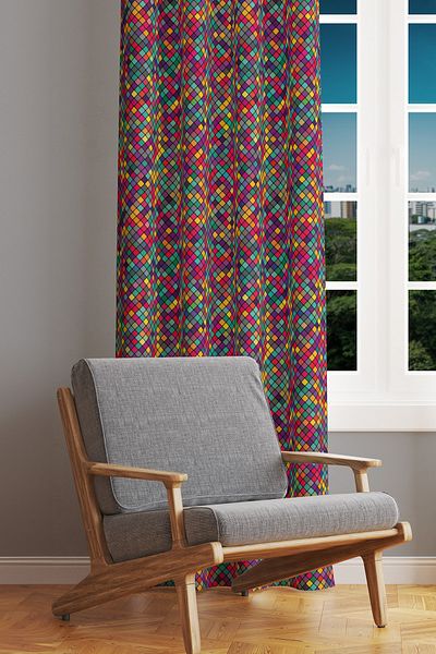Moud's Colorful Small Square Patterned Suede Living Room Hall Background Curtain Printed Extrafor Drawstring SINGLE WING
