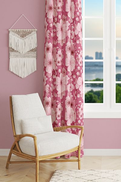 Moud's Pink Flower 2 Patterned Suede Living Room Hall Background Curtain Printed Extrafor Drawstring SINGLE WING PRD-1041