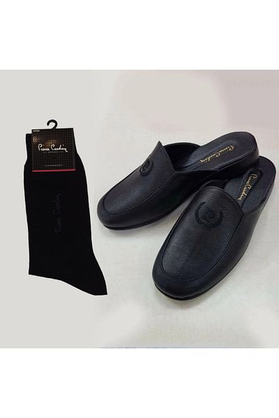 Pierre Cardin Ανδρικές μαύρες δερμάτινες παντόφλες και κάλτσες με ένθετο γαμπρού