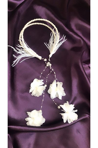 Hüner aksesuar Women's Side Feathered Double Pearl Row Hanging Earrings with Bridal, Maternity Crown