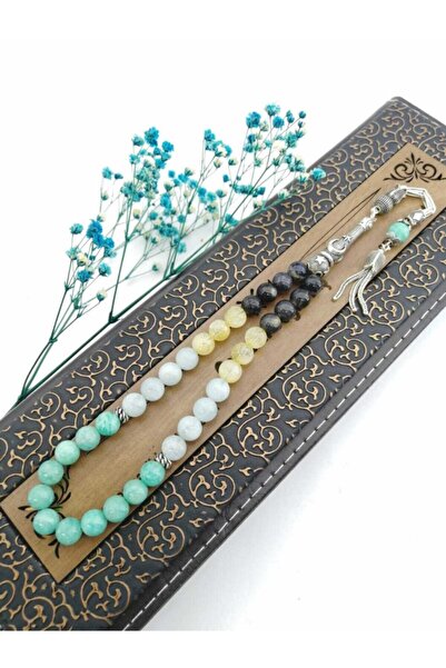 OSMANLI DEĞERLİ TAŞ Özel Tasarım Tesbih Gümüş Imame- Gümüş Püskül- Sitrin- Iyolit- Akuamarin- Amazonit Özel Kutusunda