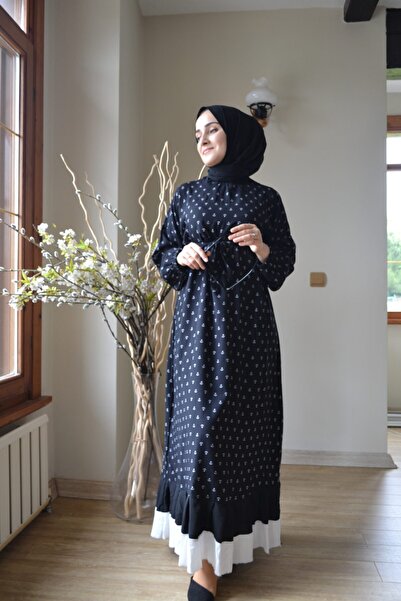 AYSUN AYDEMİR Siyah Beyaz Çapa Desenli Tesettür Elbise