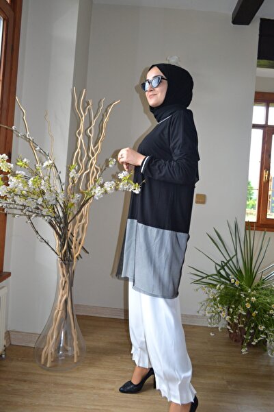 AYSUN AYDEMİR Διακοσμημένο με διχτυωτό λεπτομέρεια μαύρο και άσπρο μεσεκάμισο με λευκό παντελόνι, σετ 2 τεμαχίων