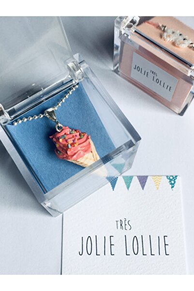 Tres Jolie Lollie Gümüş Kolye El Yapımı Polimer Pembe Külah Dondurma