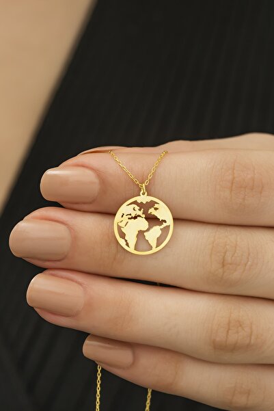 dzgsilver 925 Ayar Gümüş Kaplama 18 Ayar Altın Kaplama Dünya Haritası Kolye K...