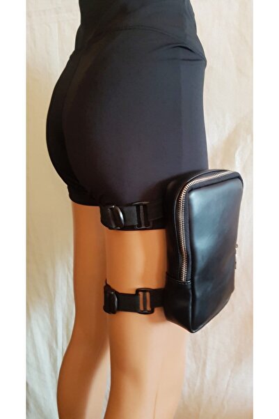 Nishstyle Unisex Model Siyah Suni Deri Lastik Takmalı Küçük Boy Bacak Çantası