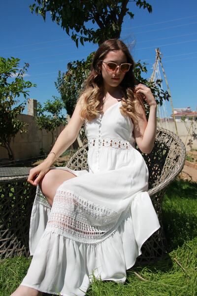 Bohemian Kadın Beyaz Askılı Naturel Elbise