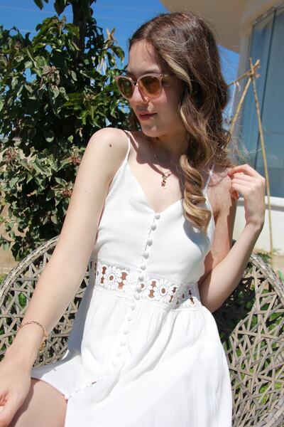 Bohemian Kadın Beyaz Askılı Naturel Elbise