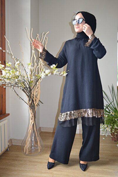 AYSUN AYDEMİR Black Hijab 2-Piece Set with Gold Sequin and Tulle Detail