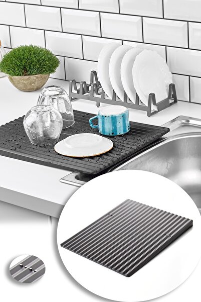 Pazarika Gri Rinnig Plastik Bulaşık Altlığı Bulaşık Kurutmalığı Tezgah Üstü Süzmatik