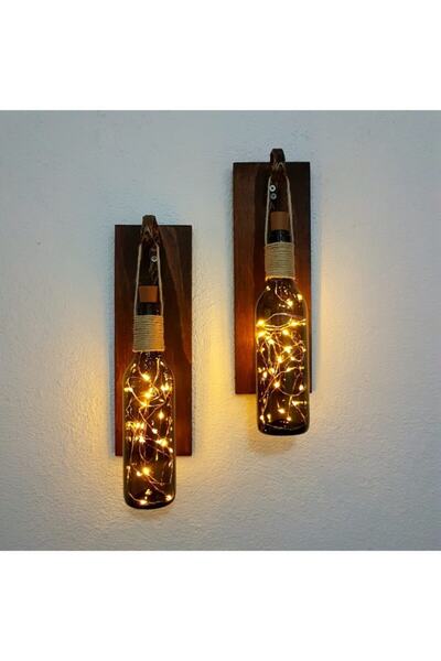 STDEKOR Retro Yeşil Şişeli Led Işıklı, Ceviz Aplik, 2 Li Set