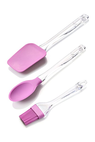 Pazarika 3 قطع ملعقة سيليكون بمقبض بلاستيكي - ملعقة مسطحة - مجموعة فرش أرجواني