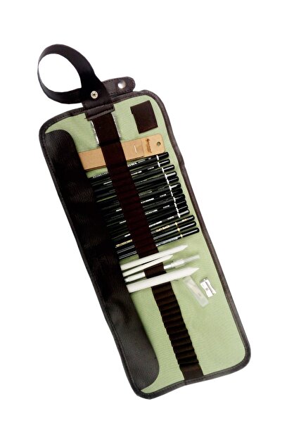 BAL SANAT 32 Piece Light Green Roller Pen Holder Sketching Set and A5 Notebook