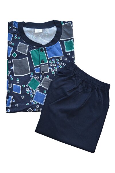 Nur Aka by Nurteks Men's Patterned Navy Blue Collar Buttoned Plus Size Pajama Set