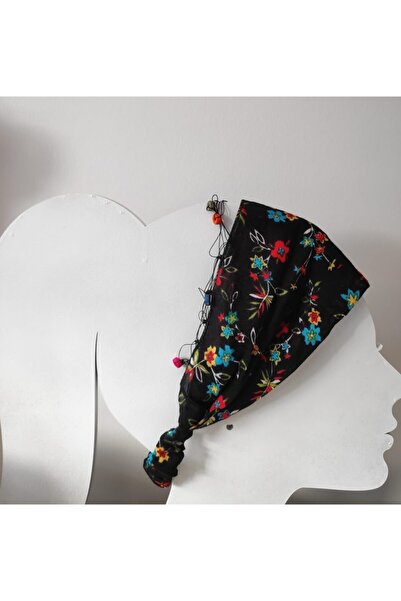 sema aksesuar Λεπτομερής μπαντάνα με χάντρες με μαύρο σχέδιο λουλουδιών