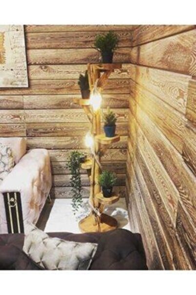 menalART Ağaç Tasarım Ağaç Lambader 165-170 Cm Hopa Serisi 5 Sehpalı Ahşap Lambader Kütük Köşe Aydınlatma