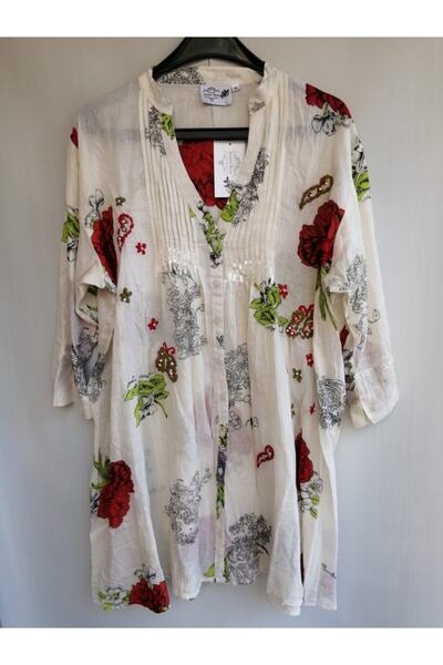 Butik Tülin Otantik Pamuk Kemik Çok Renkli Çiçekli Nakışlı Büyük Beden Tunik