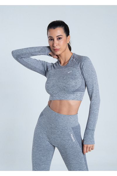 Vienfit Γυναικείο αθλητικό μπλουζάκι Energy Series Γκρι μακρυμάνικο χωρίς ραφές - Crop Top