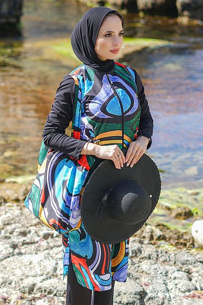 Minel Γυναικείο ψηφιακό εμπριμέ μπλε πράσινο Full Covered Long Hijab Σετ μαγιό 2 τεμαχίων