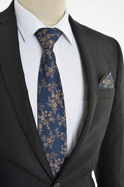 Brianze Gold Flower Pattern Navy Blue Handkerchief Tie Mkch-1