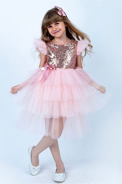 Buse&Eylül Bebe Salmon Sequin Girl's Party Dress