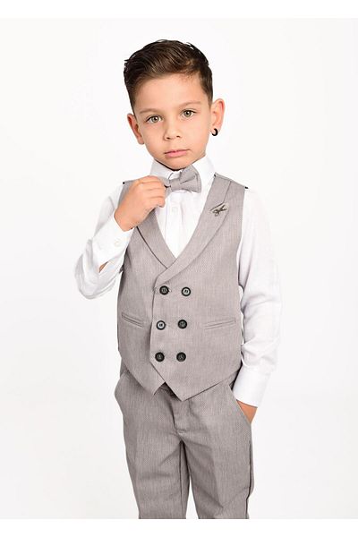 Buse&Eylül Bebe Gray Scissor Brooch Detailed Boy's Tuxedo Suit with Vest