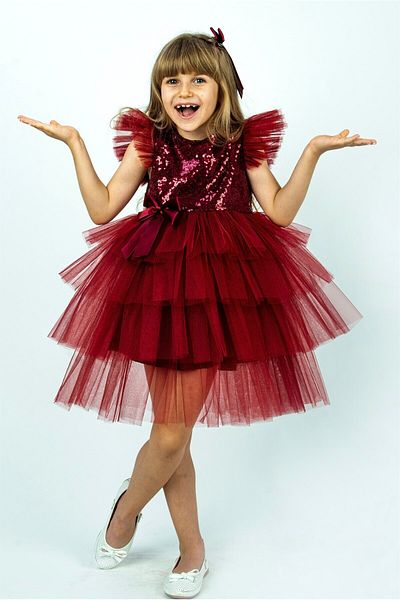 Buse&Eylül Bebe Burgundy Sequined Girl's Party Dress