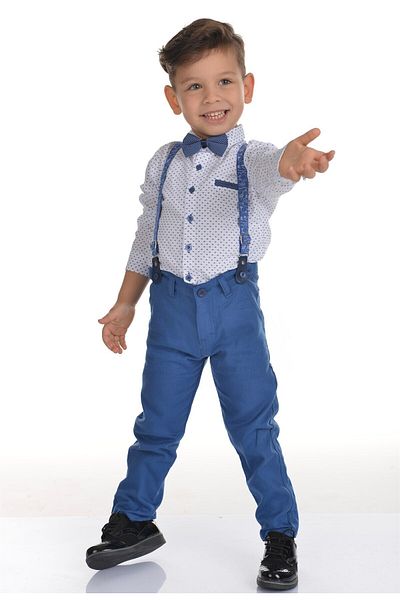 Buse&Eylül Bebe Blue Patterned Boys' Set with Bow Tie and Trousers Straps