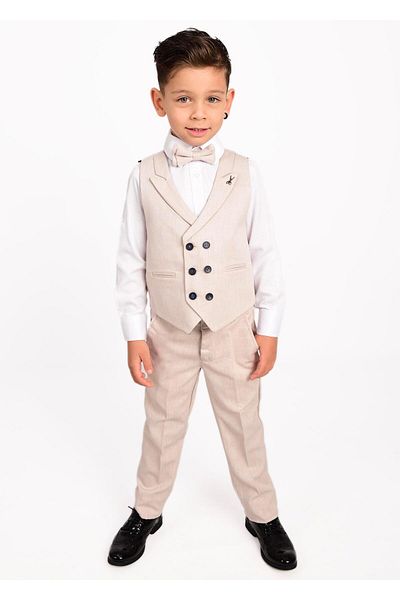Buse&Eylül Bebe Cream Scissors Brooch Detailed Boy's Tuxedo Suit with Vest