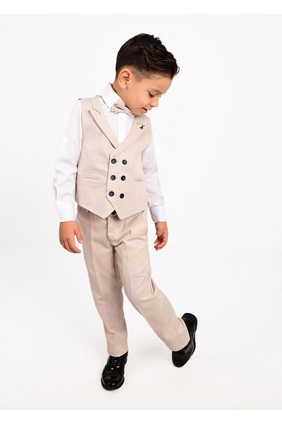Buse&Eylül Bebe Cream Scissors Brooch Detailed Boy's Tuxedo Suit with Vest