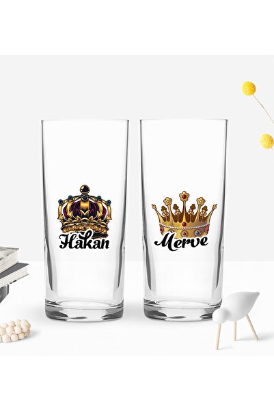 Bk Gift Kişiye Özel İsimli DTF Kral Kraliçe Tasarımlı İkili Bardak Seti, Arka...