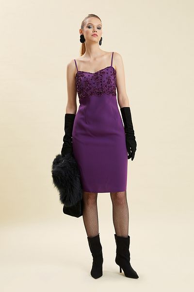 VERDA Thin Strap Embroidery and Bead Detailed Evening Dress