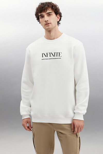 GRIMELANGE Falk Men's Round Neck Art Printed Ecru Sweatshirt with Fleece Inside