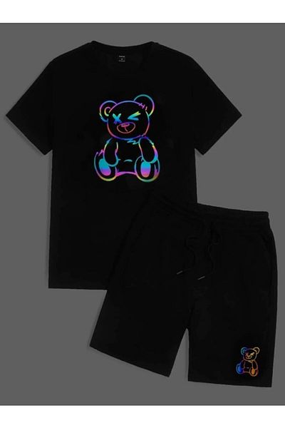 HIRSCH Unisex Black T-shirt Black Shorts Bottom Top Bear Printed Set