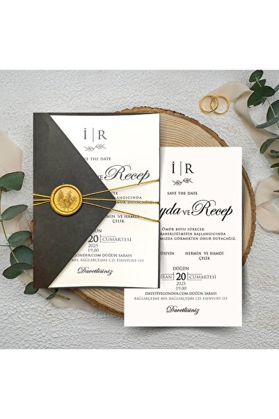 GNDR Mühürlü Kurdeleli Üçgen Kapaklı Siyah Davetiye - MK56117