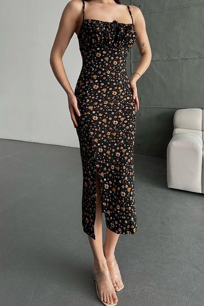Ded COLLECTION Rochie de damă cu modele florale cu bretele pentru cravată la piept