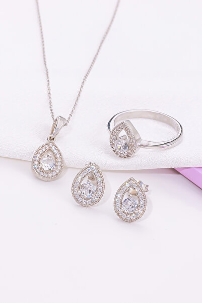 Miavi Silver 925 Ayar Gümüş Rodyum Damla Kolye Küpe Yüzük Takı Seti