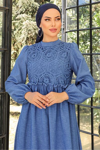 Bestenur Lacy Linen Dress 773 - Indigo