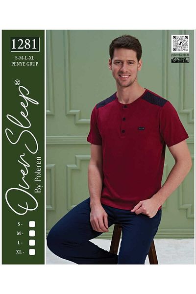 Over Sleep by Poleren Burgundy Color Three Button Short Sleeve Men's Pajamas Set