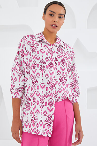 Bigdart Women's Fuchsia White Patterned Oversize Satin Shirt 3985